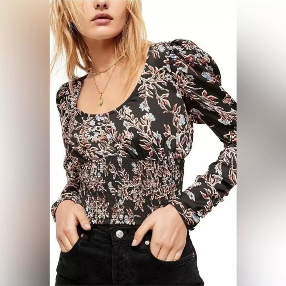 Free People Santiago Women Floral Smocked Top Size Small Long Sleeve Boho Grunge - Picture 2 of 12